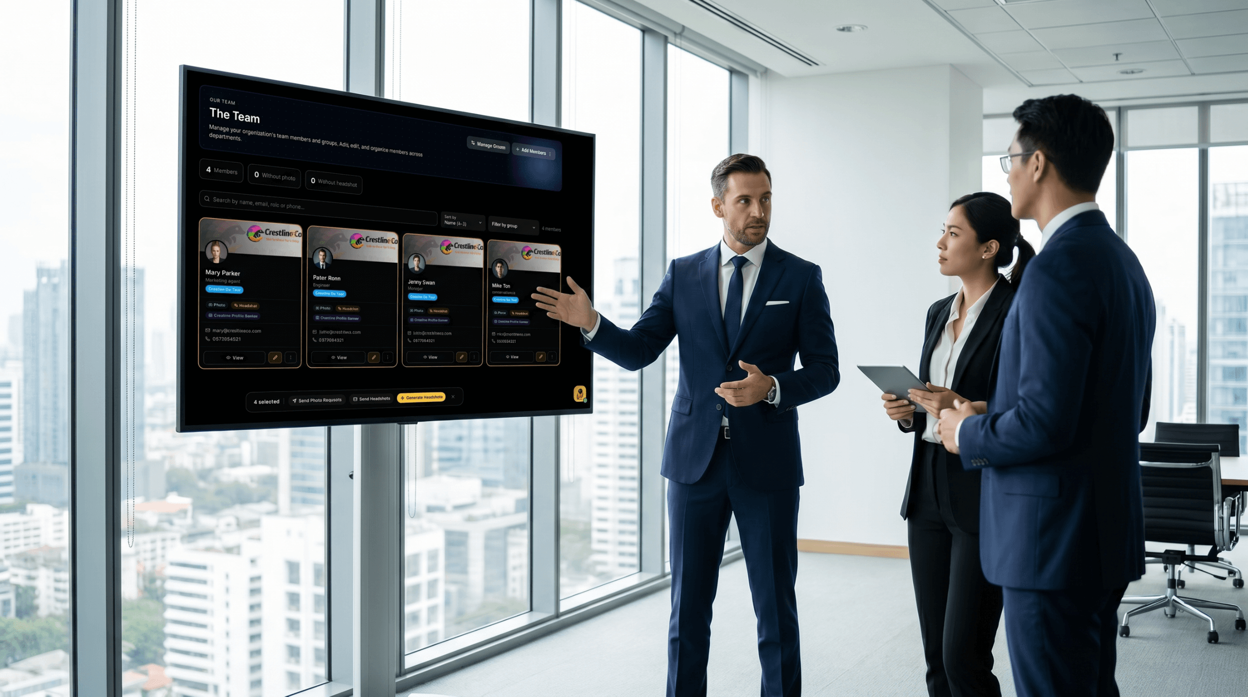 Enterprise leaders presenting brand strategy in a modern boardroom