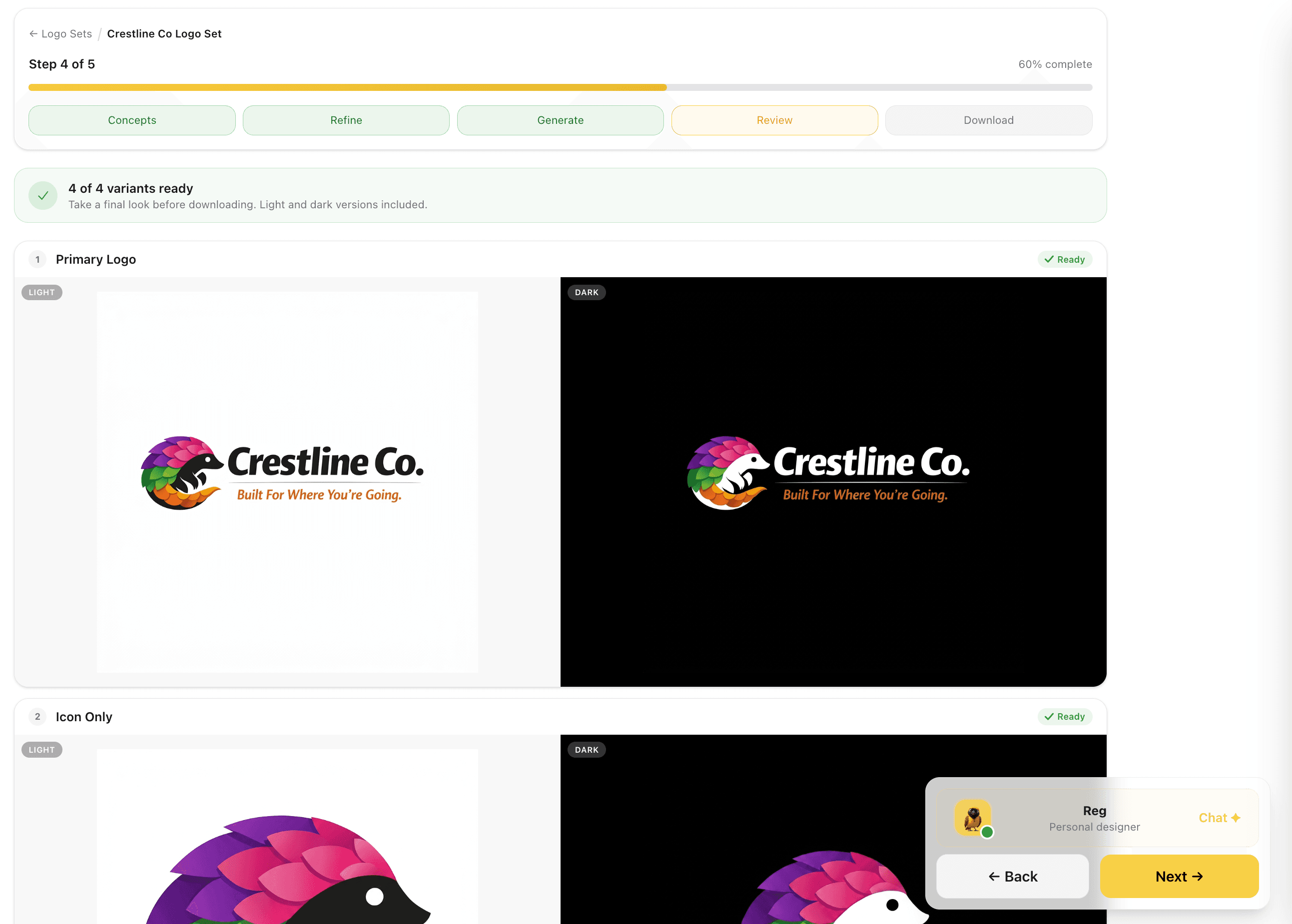 BrandWeave logo generation - multiple agent concepts side by side